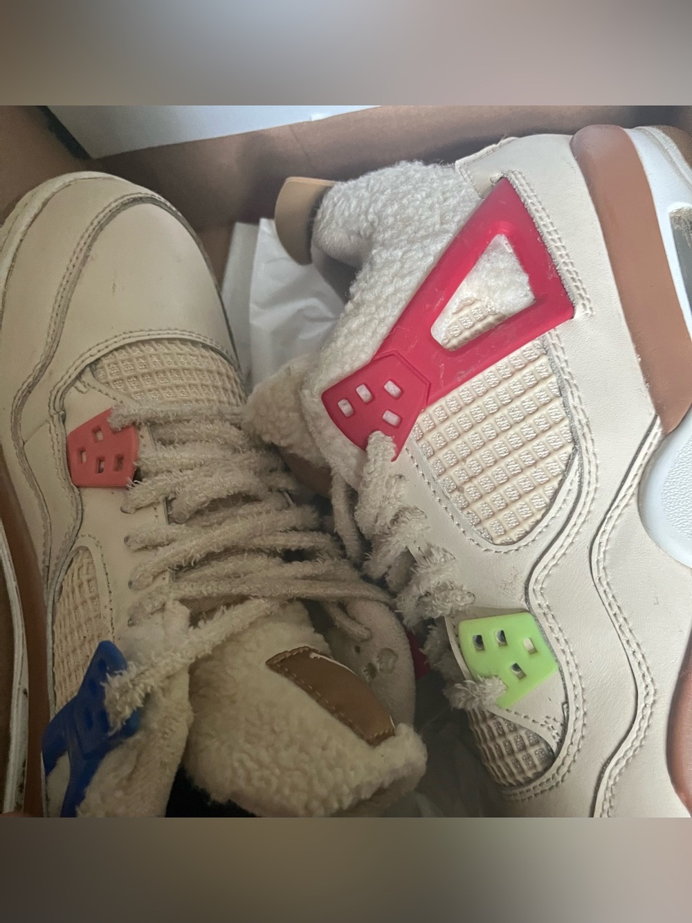 Jordan Kids Beige Sherpa Sneakers with Red Blue and Green Accents